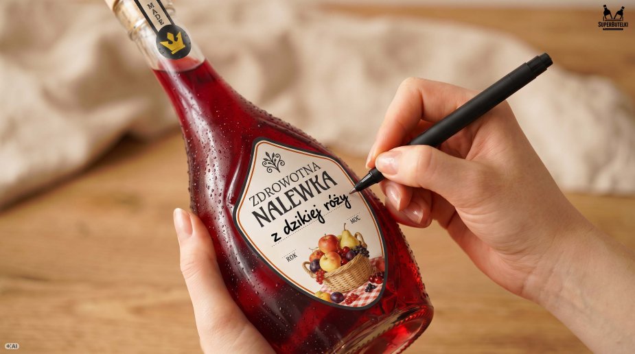 Butelka z nalewką z dzikiej róży