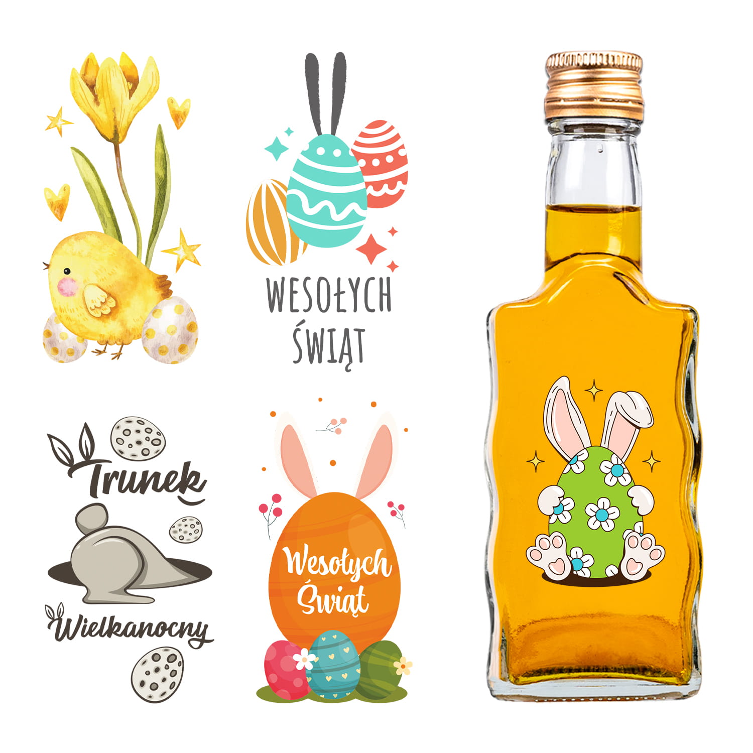 Zestaw 5 sztuk - butelka FALA 200 ml Z NADRUKIEM WIELKANOCNYM na nalewki bimber soki